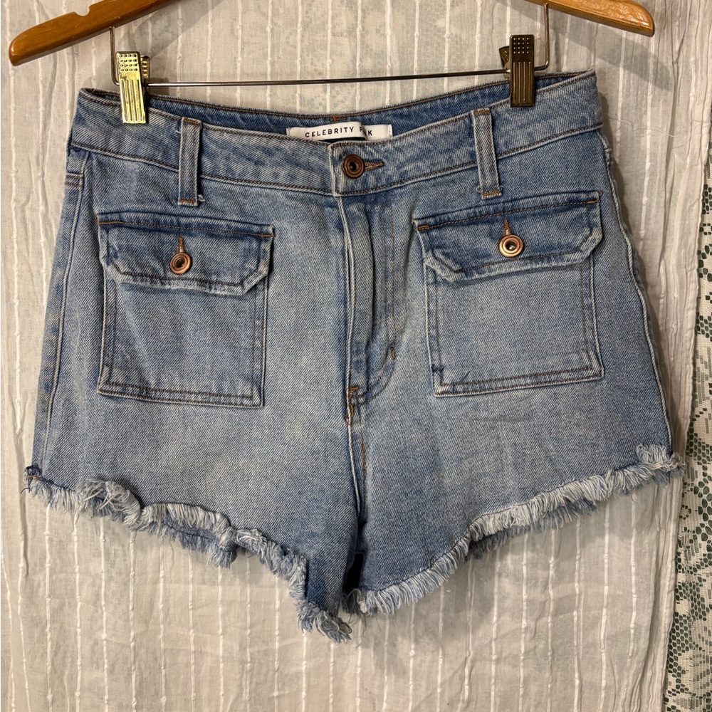 Celebrity Pink Denim High Waisted Shorts with front cargo pockets